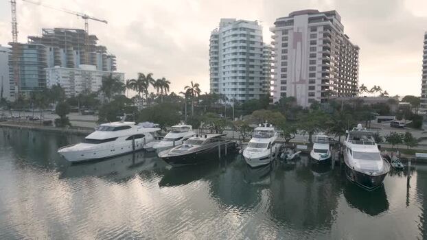 Aerial view of luxury yachts in Miami Beach United States.