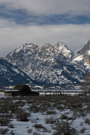 View of Jackson Hole with a historic wooden barn in the foreground and snow capped Teton mountains under a cloudy sky in Teton County Wyoming United States.