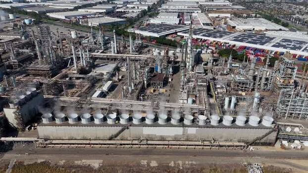 Aerial view of oil refinery in Carson United States.