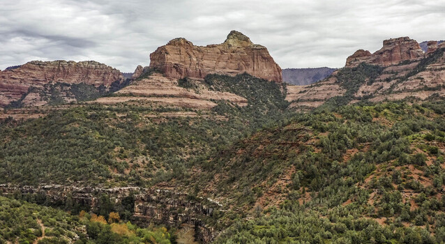 Aerial view of the iconic red rock formations and rugged sandstone cliffs surrounded by lush green vegetation in the canyons of Sedona Arizona United States.