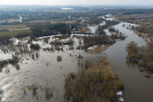 Aerial view of the flooded river valley with bare trees and patches of snow under a cloudy sky in Kedainiai Kaunas County Lithuania. Aerial view of the flooded river valley with bare trees and patches of snow under a cloudy sky in Kedainiai Kaunas County Lithuania.