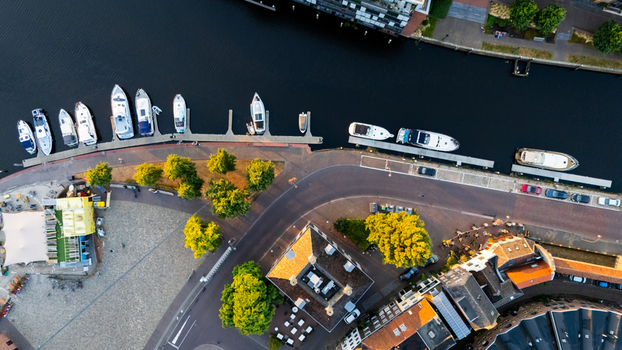 Aerial view of boats docked along the canal in the historic city center of Zwolle Overijssel Netherlands.