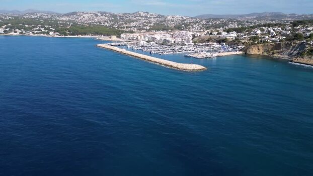 Aerial view of Moraira marina and coastline Spain.