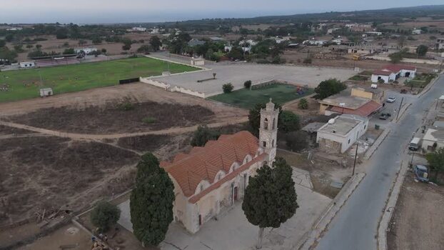 Aerial view of church in rural landscape Northern Cyprus.