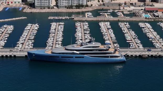 Aerial view of luxury yacht at Mid Harbour Small Boats Marina Gibraltar. Aerial view of luxury yacht at Mid Harbour Small Boats Marina Gibraltar.