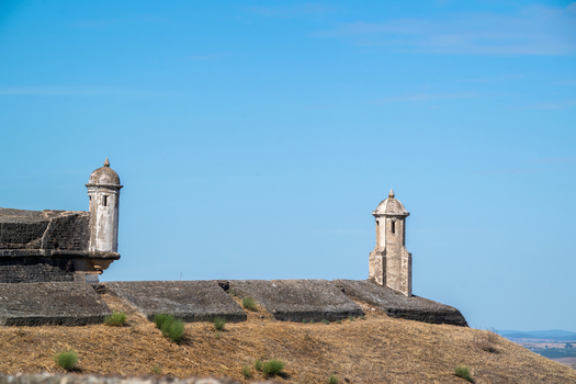Elvas Portalegre District Portugal 10 September 2026 View of the historic stone watchtowers of the Forte de Nossa Senhora da Graca set against a clear blue sky. Elvas Portalegre District Portugal 10 September 2026 View of the historic stone watchtowers of the Forte de Nossa Senhora da Graca set against a clear blue sky.