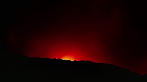 View of volcanic eruption at night in Spain.