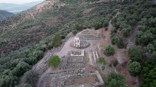 Aerial view of Tholos of Athena Pronaia ruins in Delphi Greece. Aerial view of Tholos of Athena Pronaia ruins in Delphi Greece.