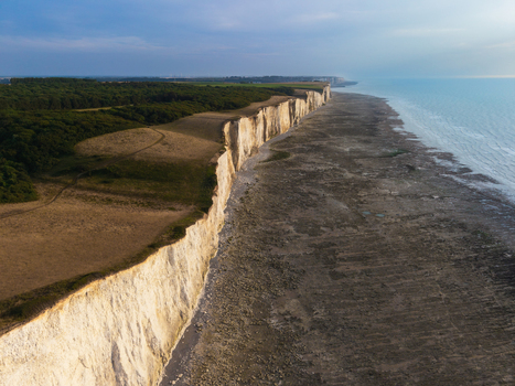 Aerial view of the chalk cliffs and coastline at the Beach of the Bois de Cise with dense forest bordering the edge and the sea in Ault Hauts de France France.