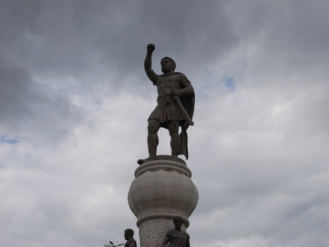 View of the statue of Philip II of Macedon standing on a pedestal against a cloudy sky in Skopje Greater Skopje North Macedonia. View of the statue of Philip II of Macedon standing on a pedestal against a cloudy sky in Skopje Greater Skopje North Macedonia.