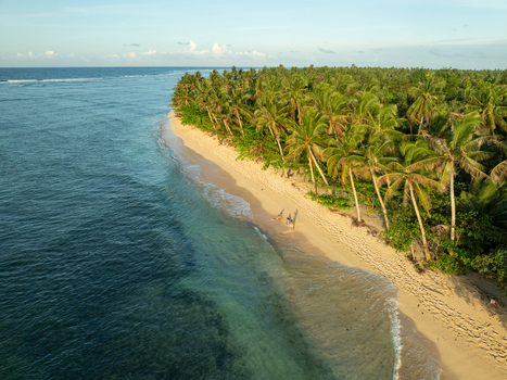 Aerial view of Mahaybo Beach with lush palm trees golden sand and clear turquoise water in General Luna Caraga Philippines. Aerial view of Mahaybo Beach with lush palm trees golden sand and clear turquoise water in General Luna Caraga Philippines.