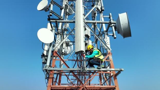 Aerial view of a technician working on a cell tower Bangladesh.