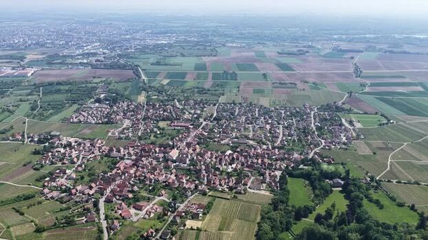 Aerial view of the town of Selestat and surrounding fields France.