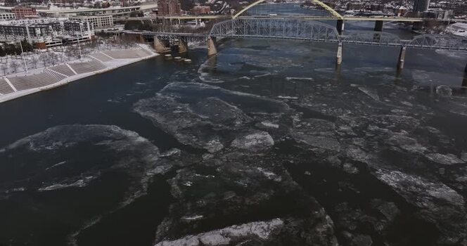 Aerial view of ice floes on the Ohio River in Cincinnati United States.