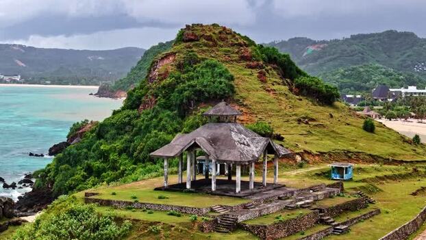 Aerial view of pavilion on a hill in Bali Indonesia.