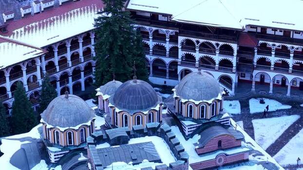 Aerial view of Rila Monastery in winter Bulgaria.