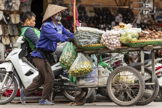 Hanoi Ha Noi Vietnam 11 November 2025 View of a street vendor in a conical hat pushing a cart loaded with fresh produce attached to a motorbike in a market.