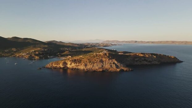 Aerial view of Archaeological Site of Sounion at sunset Greece.