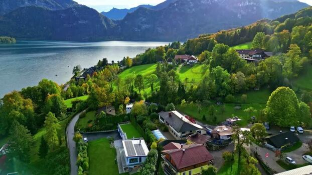Aerial view of Attersee lake and surrounding landscape Austria.