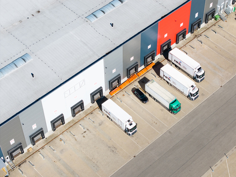 Lielvarzi Latvia 05 July 2026 Aerial view of VGP Park Kekava warehouse with trucks parked at the loading docks in the industrial facility. Lielvarzi Latvia 05 July 2026 Aerial view of VGP Park Kekava warehouse with trucks parked at the loading docks in the industrial facility.
