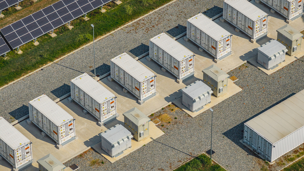 Aerial view of modular battery energy storage containers and electrical equipment beside a photovoltaic solar installation in Chivasso Piedmont Italy.