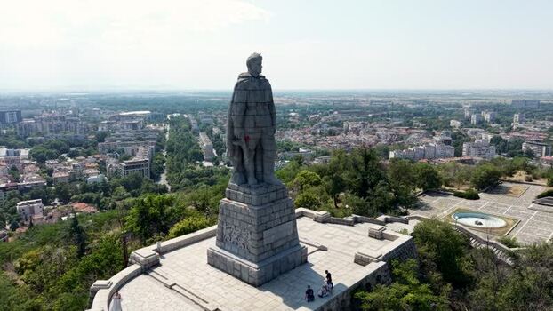 Aerial view of Alyosha Monument overlooking Plovdiv Bulgaria.
