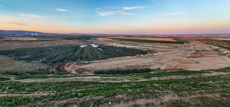 Aerial view of lignite mine and excavators at Matra plant site Hungary