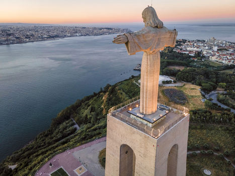 Aerial view of Cristo Rei Christ the King a famous monument in Almada near Lisbon Portugal.