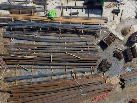 Aerial view of stacked steel rebar rods at a construction site in Istanbul Istanbul Turkiye. Aerial view of stacked steel rebar rods at a construction site in Istanbul Istanbul Turkiye.