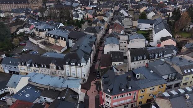 Aerial view of historic town rooftops in Echternach Luxembourg.