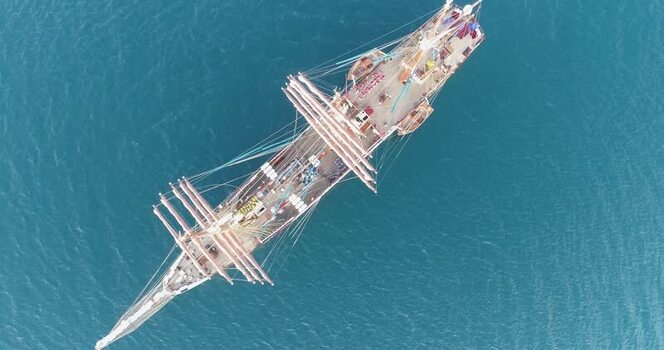 Aerial view of Buque Escuela Simon Bolivar sailing ship Venezuela.