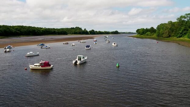 Aerial view of boats on the River Moy in Ballina Ireland.