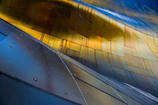 View of the metallic curved exterior panels of the Museum of Pop Culture in Seattle Washington United States.