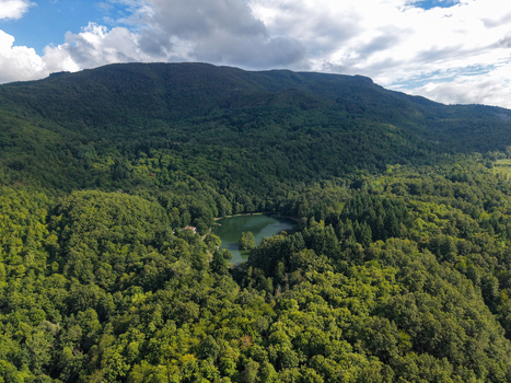 Aerial view of Lago Pontini surrounded by dense green forests and rolling hills under a cloudy sky in Bagno di Romagna Emilia Romagna Italy. Aerial view of Lago Pontini surrounded by dense green forests and rolling hills under a cloudy sky in Bagno di Romagna Emilia Romagna Italy.