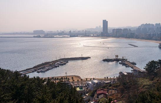 Aerial view of the harbor with fishing boats sandy beach and modern skyline in Pohang si Gyeongsangbuk do South Korea. Aerial view of the harbor with fishing boats sandy beach and modern skyline in Pohang si Gyeongsangbuk do South Korea.