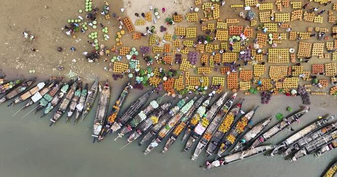 Aerial view of a vibrant floating market with boats Bangladesh.