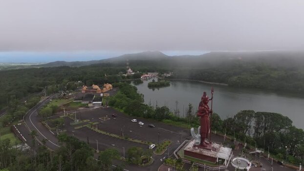 Aerial view of Grand Bassin and Shiva statue Mauritius.