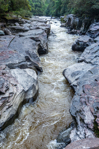 View of the Estrecho del Rio Magdalena featuring a narrow rushing river flowing through a dramatic rocky gorge surrounded by lush green forest in San Agustin Huila Colombia.