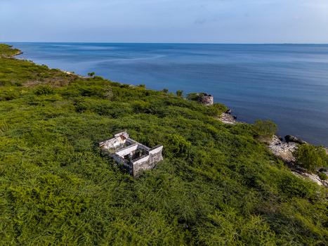 Aerial view of the historic coastal watchtower ruins nestled within dense green vegetation along the rocky coastline of Ferrier Nord Est Haiti. Aerial view of the historic coastal watchtower ruins nestled within dense green vegetation along the rocky coastline of Ferrier Nord Est Haiti.
