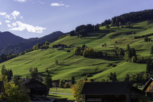 View of lush green mountain slopes dotted with traditional wooden houses pine forests and rolling hills under a clear blue sky in Italy.