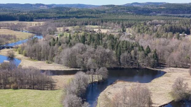Aerial view of the Viskan river and forests Sweden.
