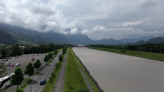 Aerial view of Rhine river and mountains in Liechtenstein.