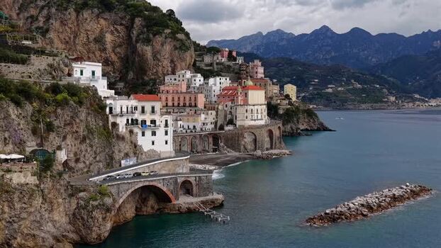 Aerial view of Atrani cityscape and coastline Italy.