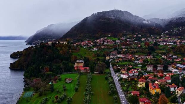 Aerial view of a lakeside town in Italy.