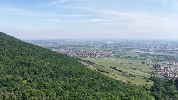 Aerial view of the green hills and town of Selestat France.