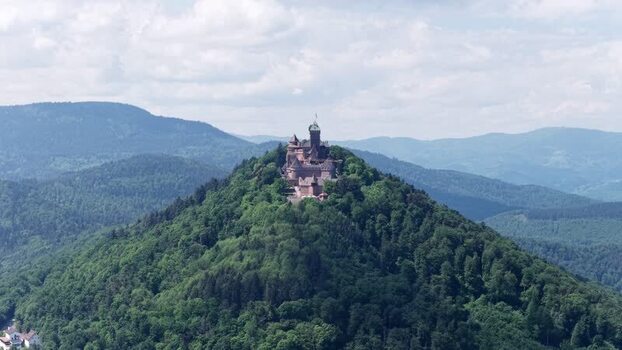 Aerial view of Haut Koenigsbourg Castle on a forested hill France.