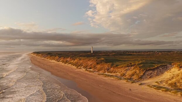 Aerial view of Lyngvig Fyr lighthouse in Hvide Sande Denmark.