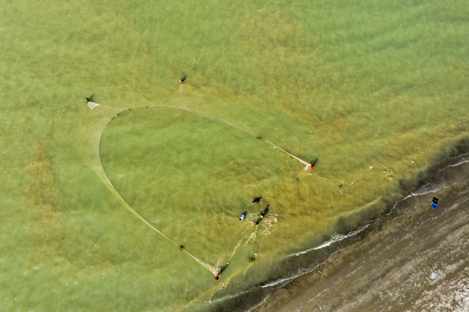 Aerial view of fishermen using a large net in the shallow coastal waters of Kuakata Barisal Division Bangladesh. Aerial view of fishermen using a large net in the shallow coastal waters of Kuakata Barisal Division Bangladesh.