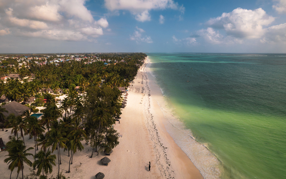 Aerial view of the vibrant turquoise sea meeting the sandy beach fringed by lush green trees under a partly cloudy sky Paje Unguja South Region Tanzania. Aerial view of the vibrant turquoise sea meeting the sandy beach fringed by lush green trees under a partly cloudy sky Paje Unguja South Region Tanzania.