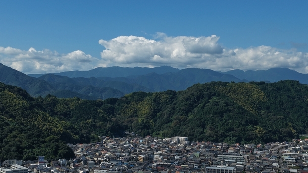 Aerial view of the cityscape of Shizuoka featuring dense residential rooftops nestled against lush green hills and the distant mountain range under a clear blue sky in Shizuoka Shizuoka Japan.